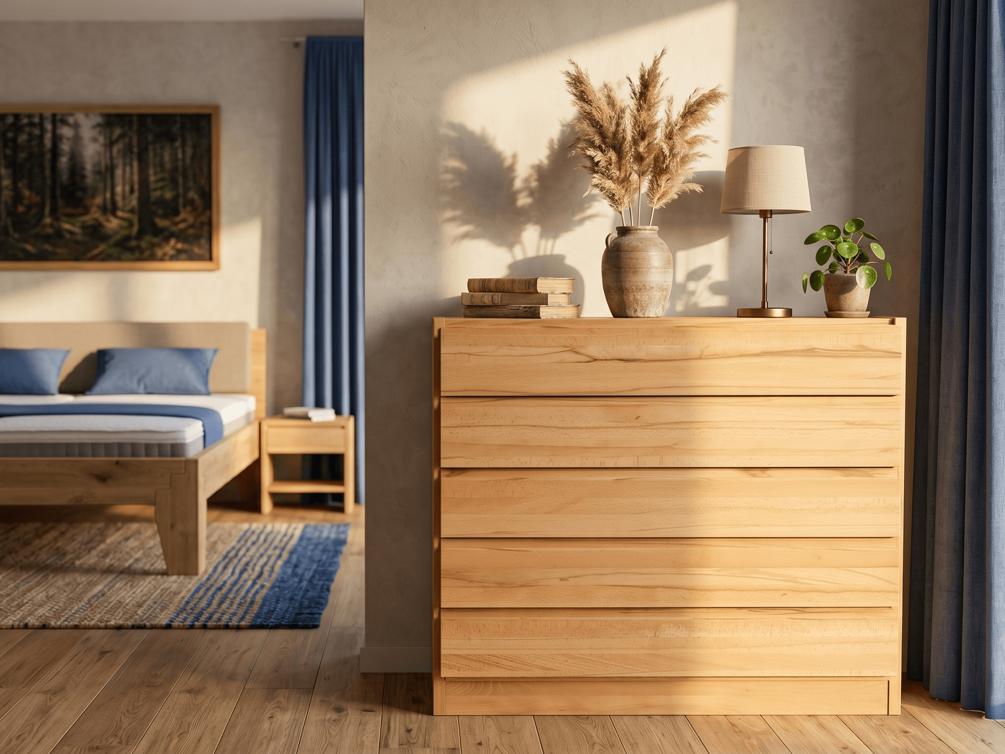 Hochwertige Kommode aus Massivholz im Schlafzimmer.