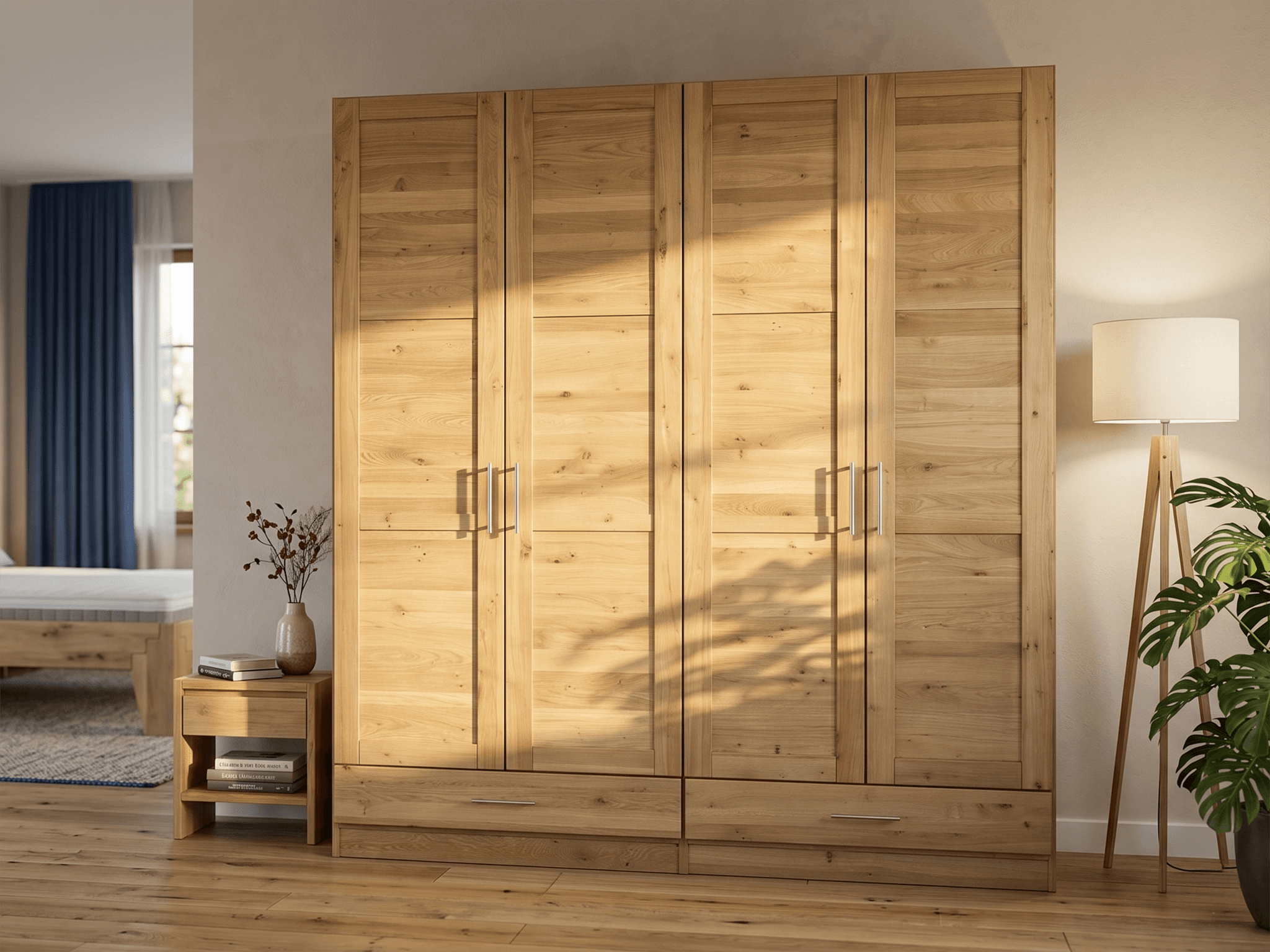 Individuelle Schrankanlage aus Massivholz im Schlafzimmer.
